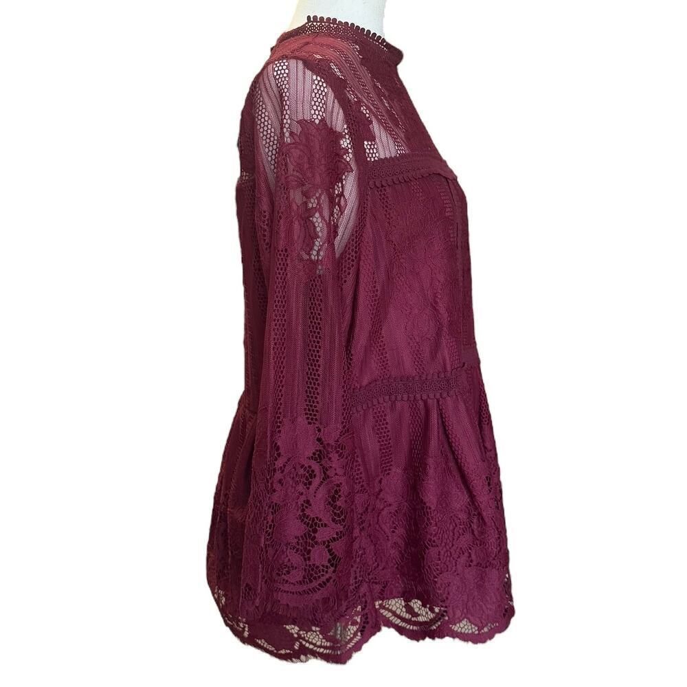 NWT Miss Cheivous Burgundy Boho Lace Layered 3/4 Sleeve Blouse, Women’s L - Picture 3 of 9